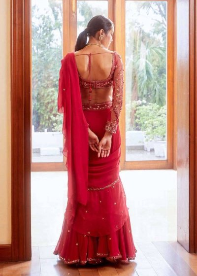 Red Pre-Draped Sari