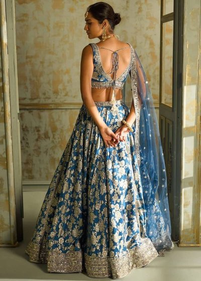 Blue Embroidered Brocade Lehenga