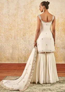 Off White Embroidered Gharara Suit - hover
