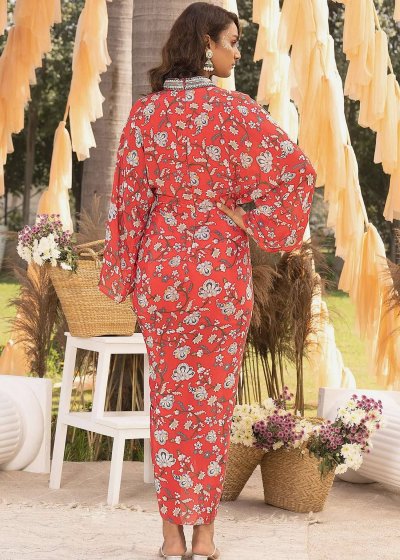 Red Floral Draped Dress