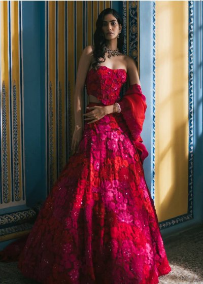 Red Flower Lehenga