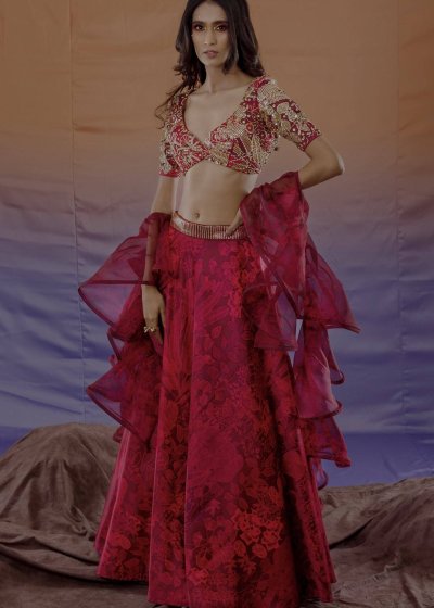 Red Floral Ruffle Lightweight Lehenga