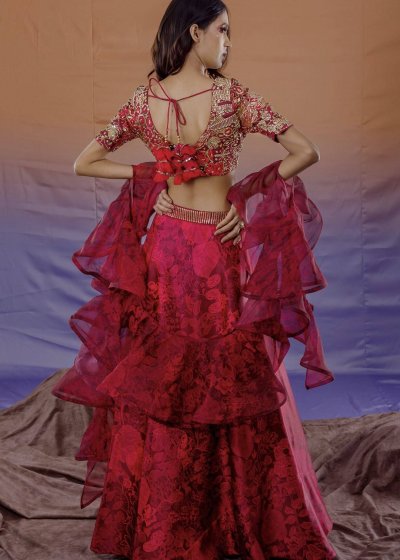Red Floral Ruffle Lightweight Lehenga