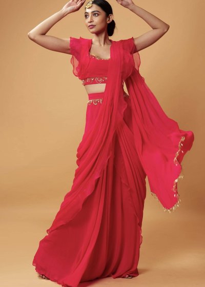 Pink-Red Georgette & Organza Ruffled Sari