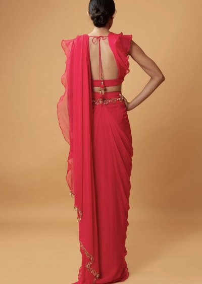 Pink-Red Georgette & Organza Ruffled Sari