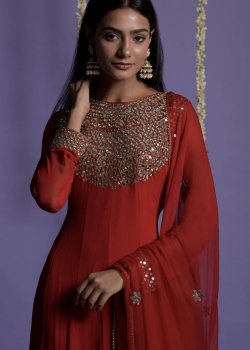 Red Long-Sleeve Mirrorwork Anarkali Set - hover