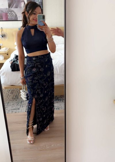 Navy Floral Embroidered Skirt Set