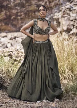 Olive Green Embroidered Lehenga