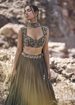 Olive Green Embroidered Lehenga - hover