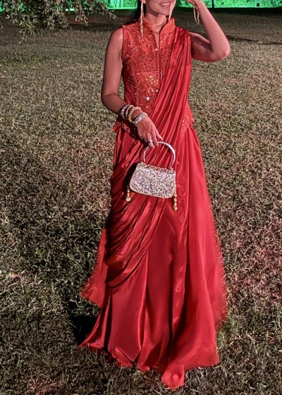 Burnt Orange Mirror-Work Pre-Draped Sari