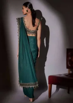 Emerald Green Pre-Draped Sari - hover