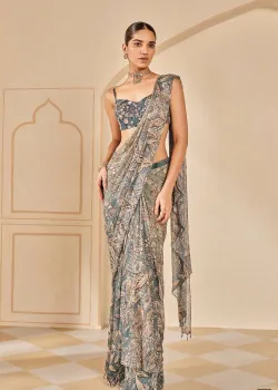 Blue Printed Pre-Draped Sari
