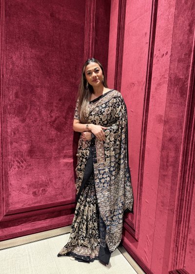 Black and navy blue ajrakh hand embroidery Sari