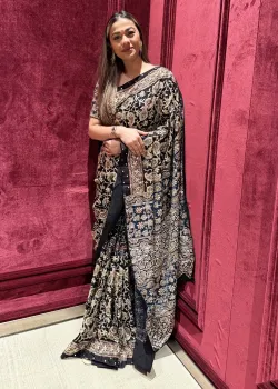 Black and navy blue ajrakh hand embroidery Sari