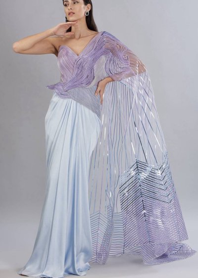 Icy Blue Pleated Cape Gown