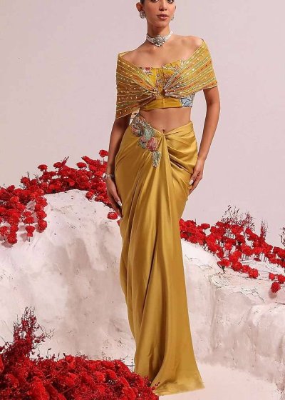 Chartreuse Draped Skirt Set