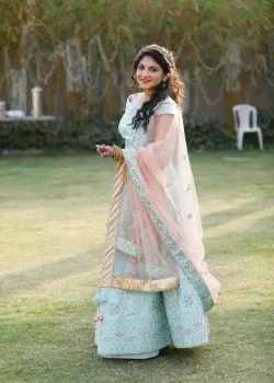Mint Teal Floral Embroidered Lehenga