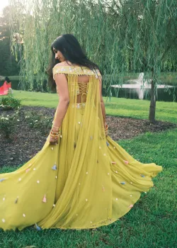 Yellow Off-Shoulder Shell Lehenga - hover