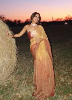 Metallic Gold-Rust Ombre Crinkle Tissue Sari - hover