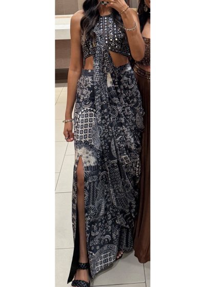 Black Printed Mirror Work Pre-Draped Sari