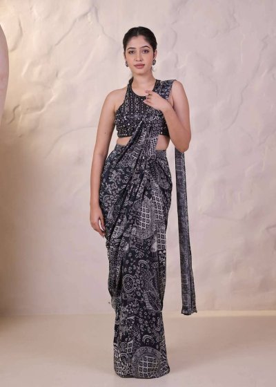 Black Printed Mirror Work Pre-Draped Sari
