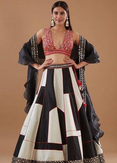 Black, White, and Red Colorblock Lehenga