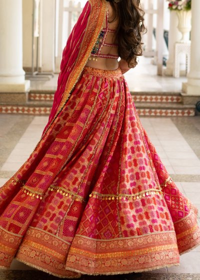 Pink and Orange Bandhani Lehenga