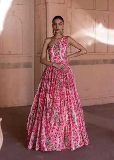 Pink Floral One-Shoulder Gown