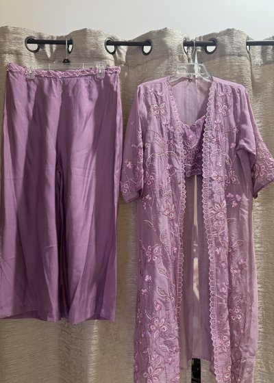 Mauve Pink Floral Embroidered Cape Set