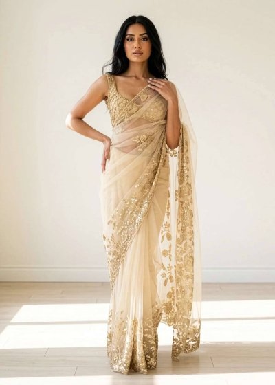 Champagne Gold Sequin Net Pre-Draped Sari