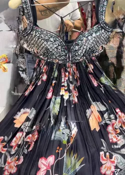 Black Floral Print Lehenga - hover