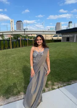Gray and Gold Pre-Draped Sari - hover