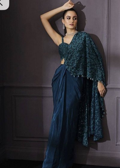 Teal Embellished Pre-Draped Sari