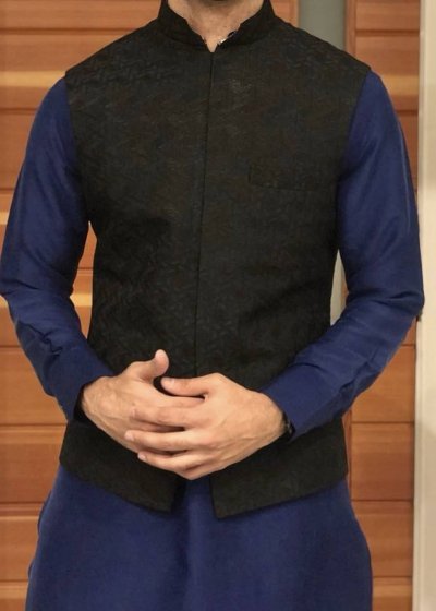 Navy and Black Embroidered Kurta Vest Set