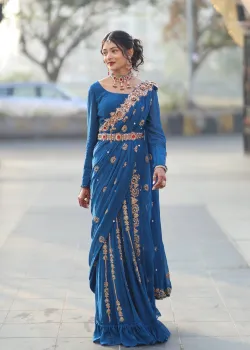 Blue Embellished Pre-Draped Sari