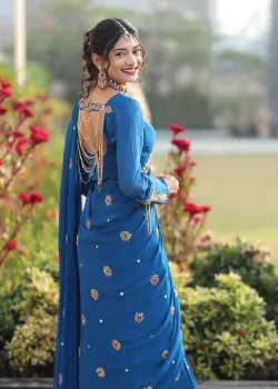 Blue Embellished Pre-Draped Sari - hover