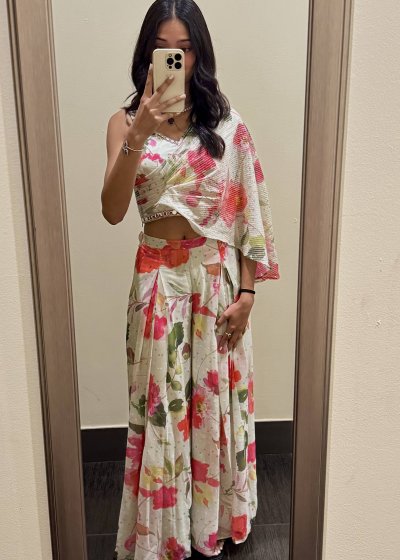 Ivory Floral One-Shoulder Co-Ord Set