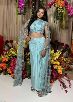 Blue Embellished Drape Skirt Set