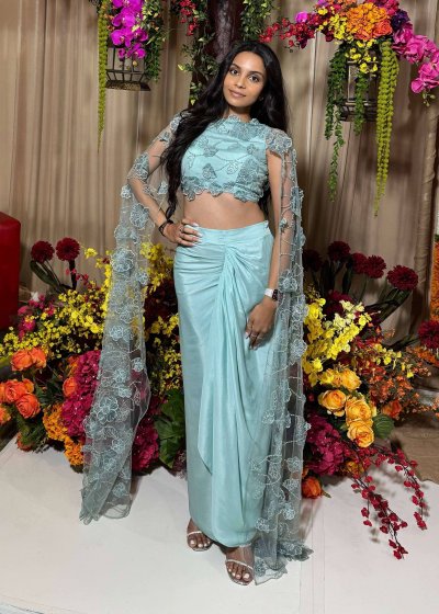 Blue Embellished Drape Skirt Set