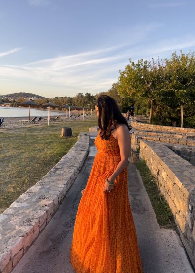 Orange Floral Halter Gown