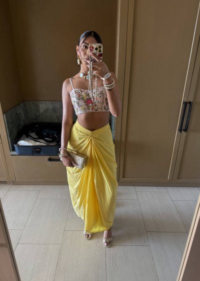 Yellow Floral Two-Piece Dhoti Set
