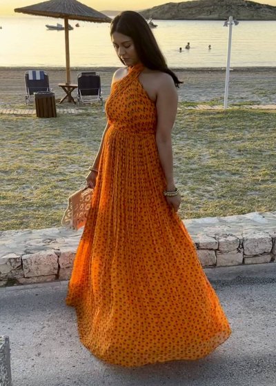 Orange Floral Halter Gown