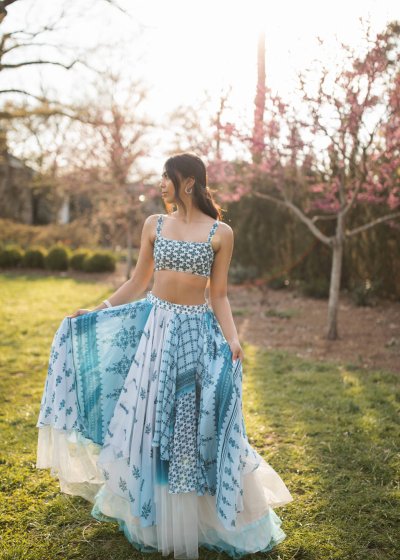 Blue and White High Low Lehenga