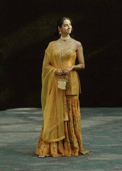 Mustard Mirrorwork Sharara Set