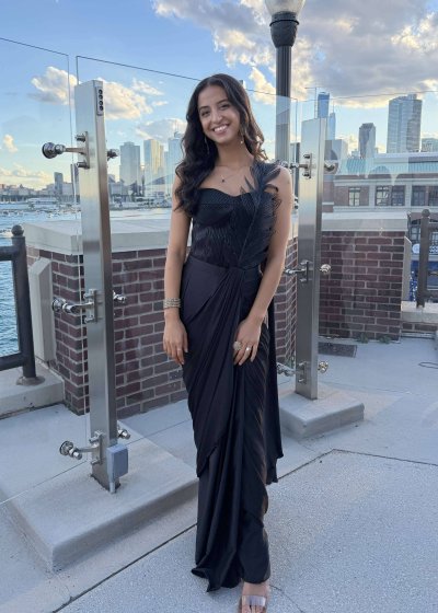 Black Leaf-Appliqué Pre-Draped Sari