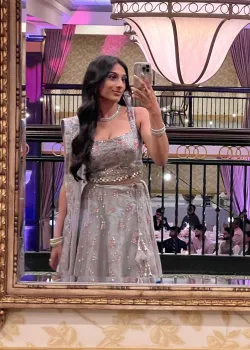 Grey Floral Net Lehenga - hover