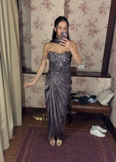 Gray Embellished Draped Gown