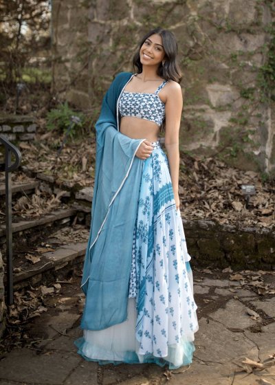 Blue and White High Low Lehenga