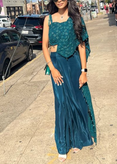Teal Embellished Pre-Draped Sari