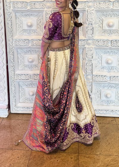 Ivory and Purple Embroidered Lehenga